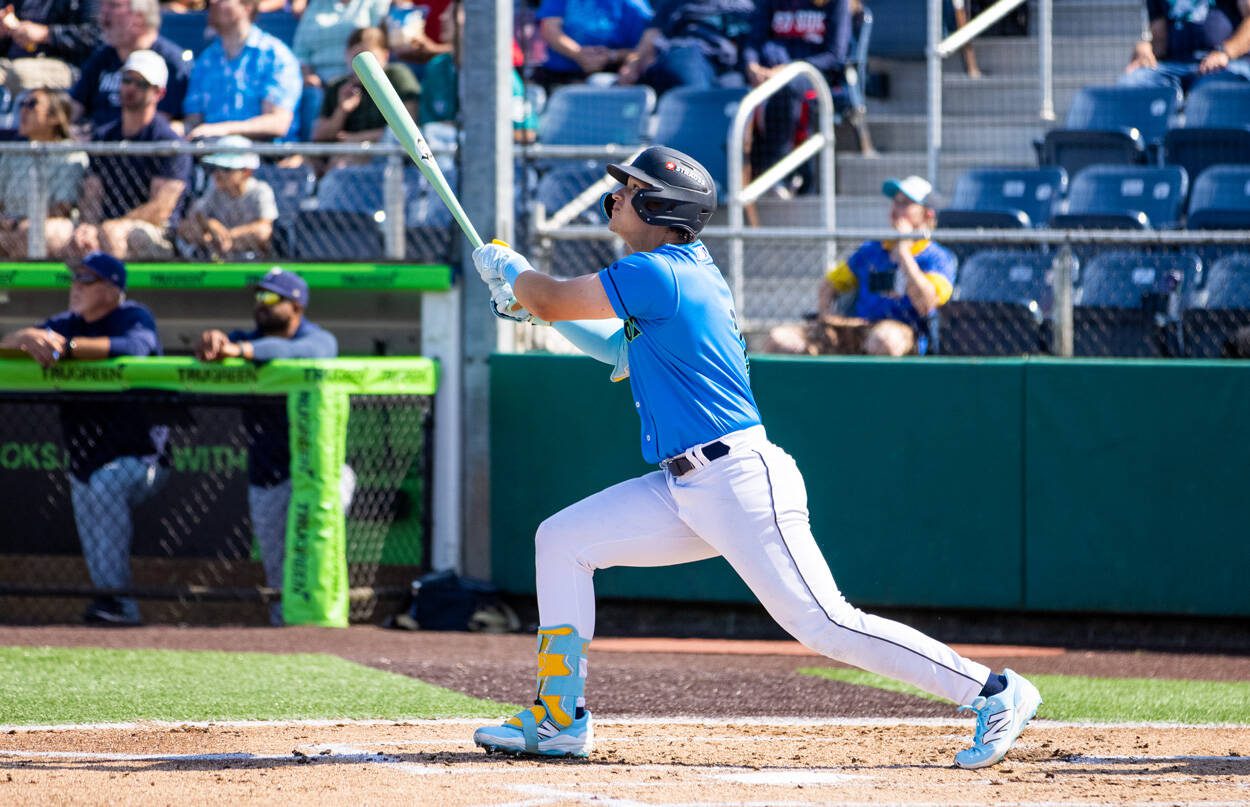AquaSox infielder Luis Suisbel follows through on a two-run home run during Everett's 13-1 win against Tri-City at Funko Field in Everett, Washington on June 15, 2025. The Valencia, Venezuela native hit two of Everett's five homers on the afternoon. (Shari Sommerfeld / Everett AquaSox)