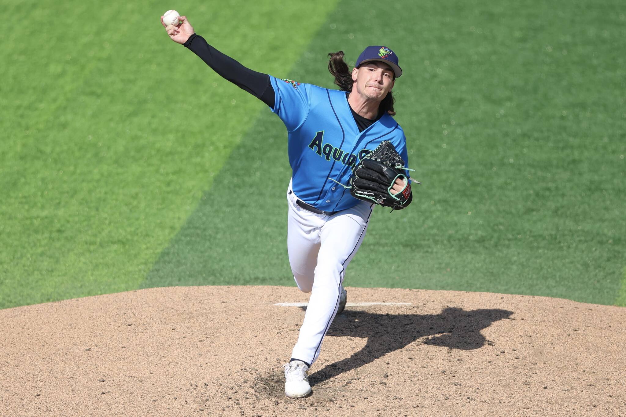 AquaSox pitcher Teddy McGraw delivers a pitch during Everett's 13-1 win against the Tri-City Dust Devils at Funko Field in Everett, Washington on June 15, 2025. The 23-year-old allowed just one walk and struck out four batters over three hitless innings after earning the start in his High-A debut. (Shari Sommerfeld / Everett AquaSox)