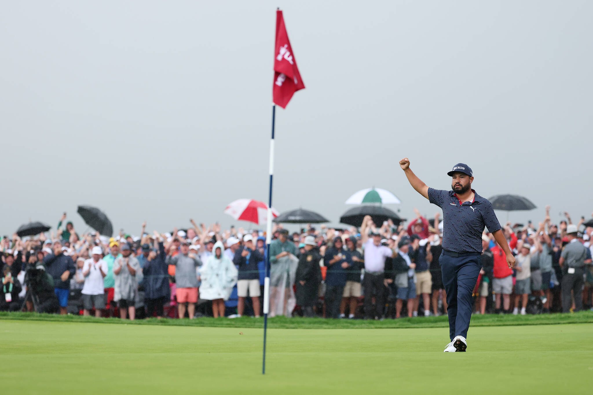 J. J. Spaun of the United States celebrates winning on the 18th green during the final round of the 125th U.S. Open at Oakmont Country Club on June 15, 2025, in Oakmont, Pennsylvania. (Patrick Smith / Getty Images / Tribune News Services)