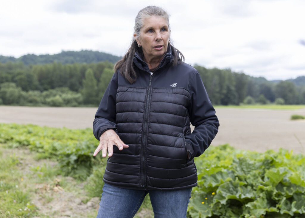 Linda Neunzig talks about the different technologies available to farmers in the Snohomish River watershed on Friday, June 13, 2025 in Snohomish, Washington. (Olivia Vanni / The Herald)
