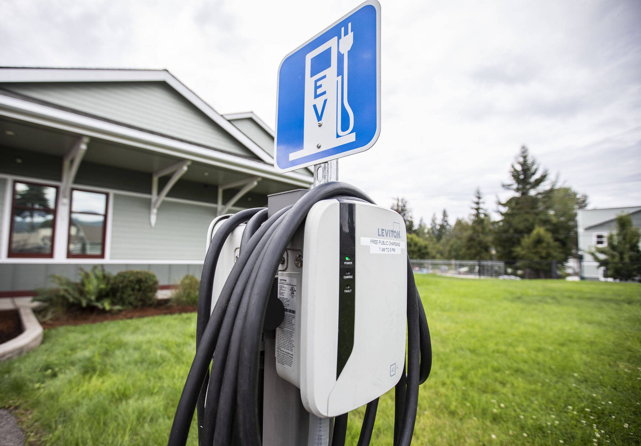 An EV charger in Granite Falls outside of Granite Falls City Hall on Thursday, Aug. 22, 2024 in Granite Falls, Washington. (Olivia Vanni / The Herald)