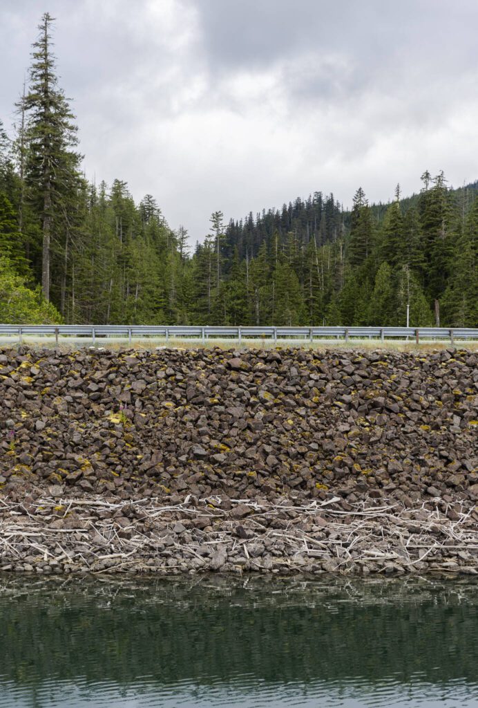 Wood debris marks previous water levels along the Culmback Dam on Wednesday, June 18, 2025 in Granite Falls, Washington. (Olivia Vanni / The Herald)
