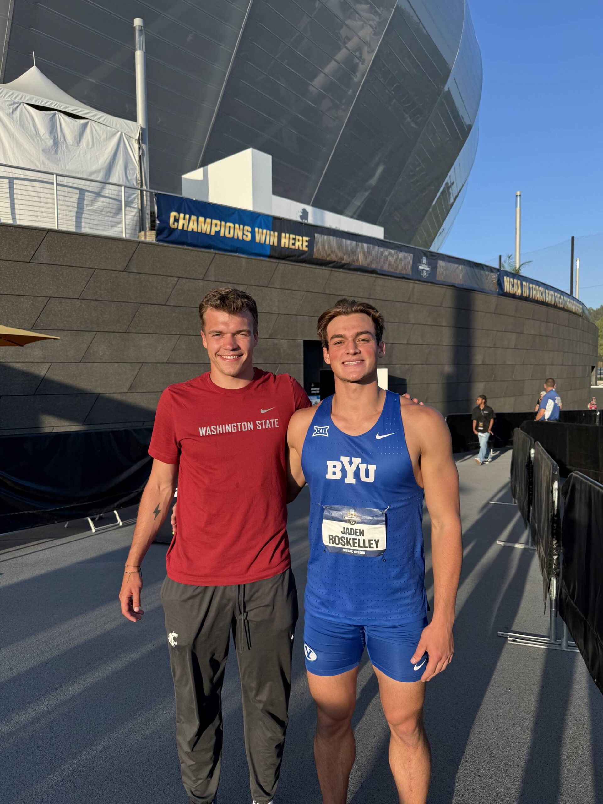 Parker Duskin (left) and Jaden Roskelley pose outside Hayward Field following the 2025 NCAA Outdoor Track & Field National Championships, which took place in Eugene, Oregon from June 11-14. The two graduated a year apart from Arlington High School, and Duskin competed for Washington State while Roskelley competes for BYU. (Photo courtesy of Jaden Roskelley)