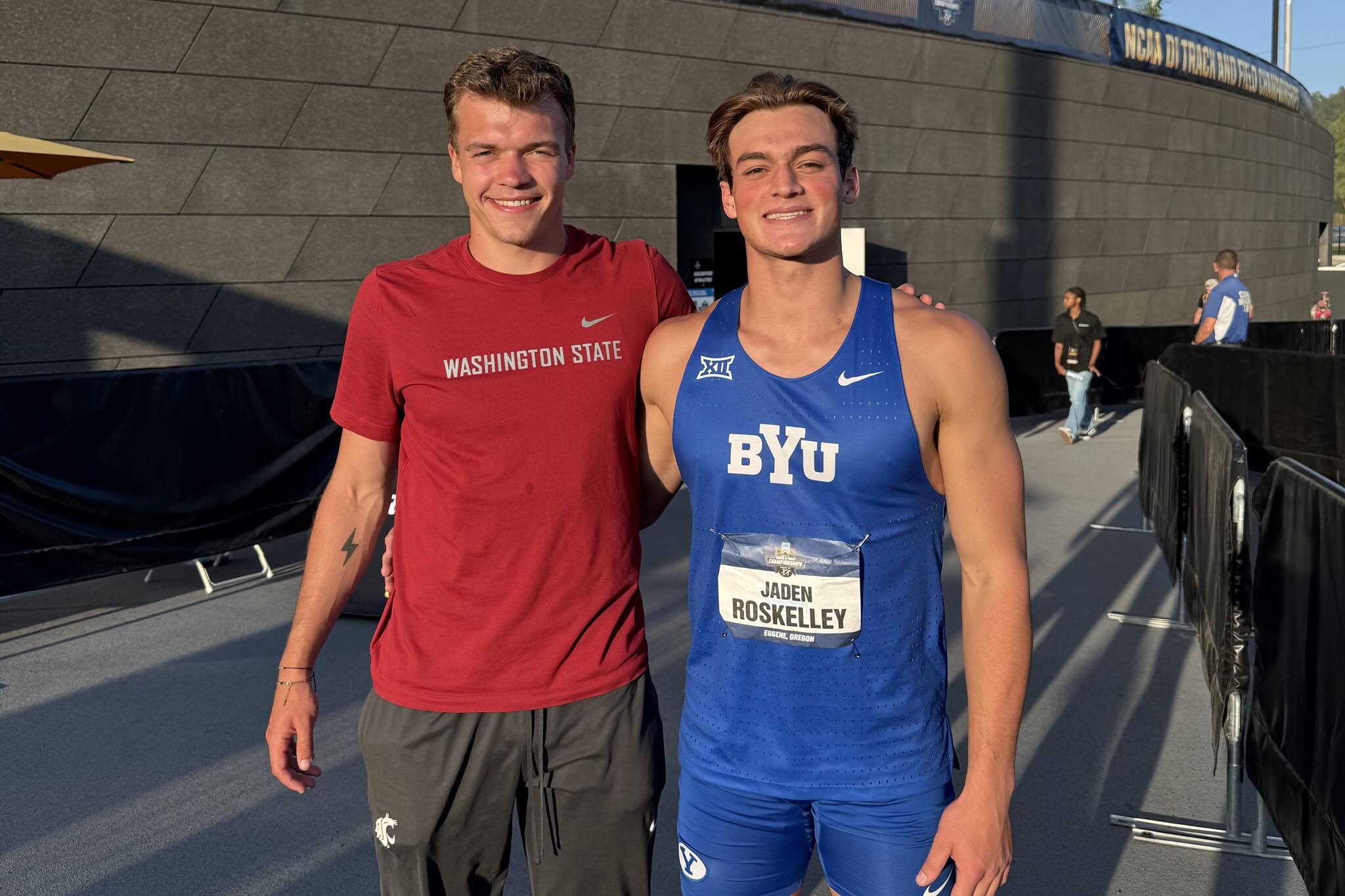 Parker Duskin (left) and Jaden Roskelley pose outside Hayward Field following the 2025 NCAA Outdoor Track & Field National Championships, which took place in Eugene, Oregon from June 11-14. The two graduated a year apart from Arlington High School, and Duskin competed for Washington State while Roskelley competes for BYU. (Photo courtesy of Jaden Roskelley)