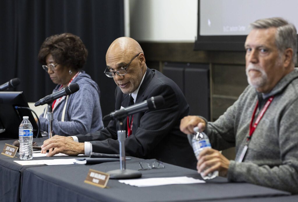 Everett Community College Board Chair Jerry Martin speaks during a board meeting on Thursday, June 26, 2025 in Everett, Washington. (Olivia Vanni / The Herald)
