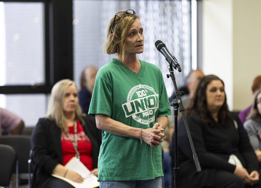 Laura Matthews, a former Early Learning Center teacher, speaks to the Everett Community College Board during a meeting on Thursday, June 26, 2025 in Everett, Washington. (Olivia Vanni / The Herald)
