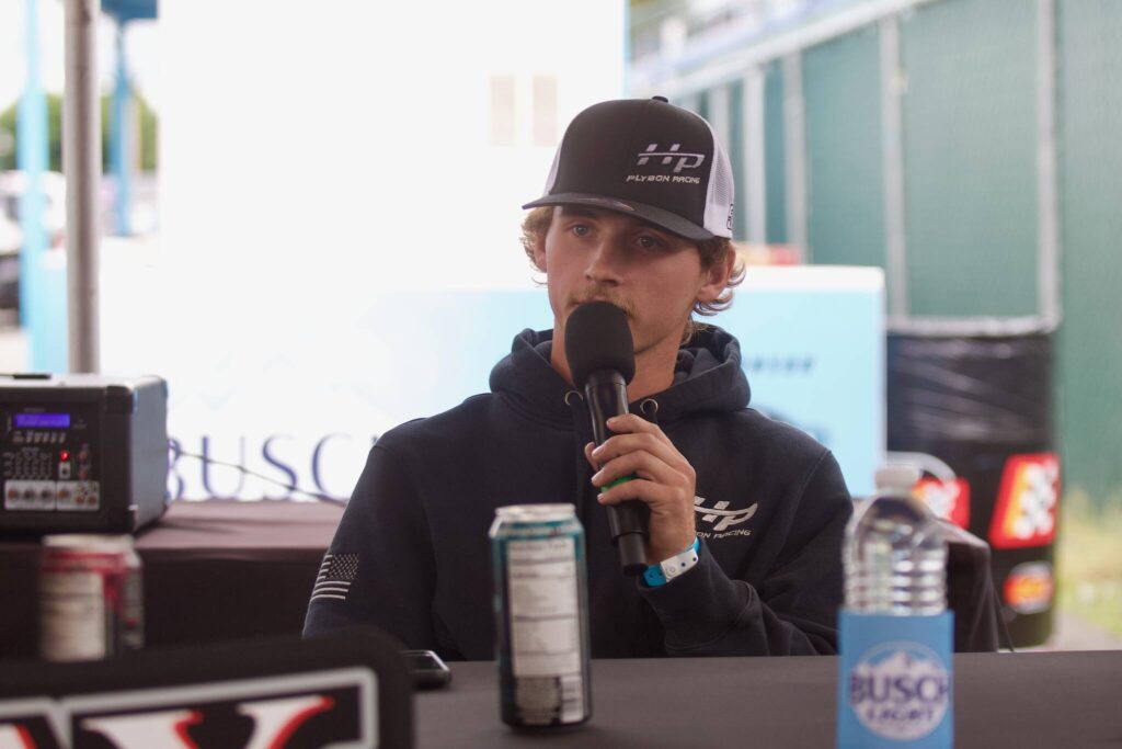 Haeden Plybon, the 2024 Mark Galloway 150 Shootout champion, speaks at the Mark Galloway 150 Shootout media lunch at Evergreen Speedway on Friday. (Joe Pohoryles / The Herald)
