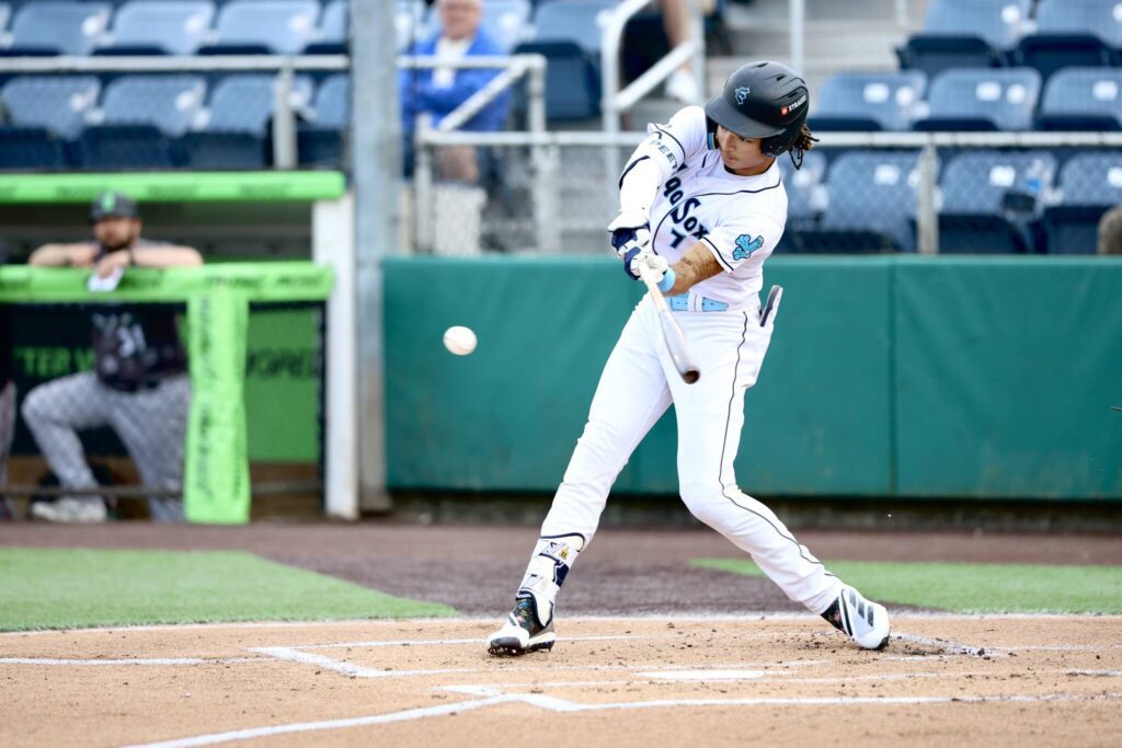 AquaSox outfielder Tai Peete makes contact during Everett’s 12-5 loss to the Eugene Emeralds at Funko Field on Tuesday. (Evan Morud / Everett AquaSox)
