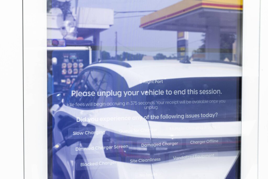 The Skycharger station alerts drivers to unplug their car after charing on Tuesday, June 24, 2025 in Arlington, Washington. (Olivia Vanni / The Herald)
