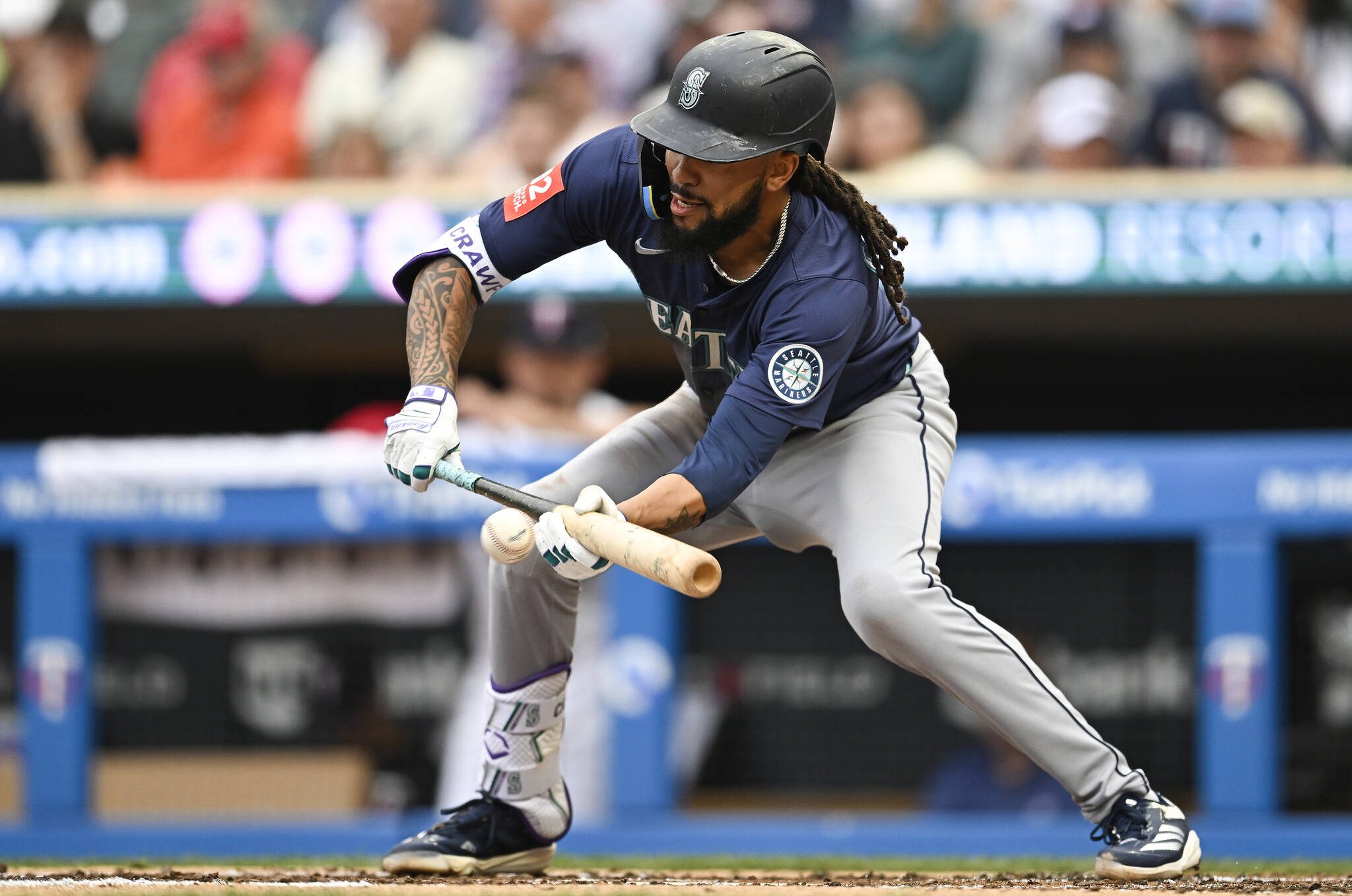 J.P. Crawford of the Seattle Mariners bunts the ball against the Minnesota Twins in the third inning at Target Field on Tuesday, June 24, 2025, in Minneapolis. (Stephen Maturen / Getty Images / Tribune News Services)