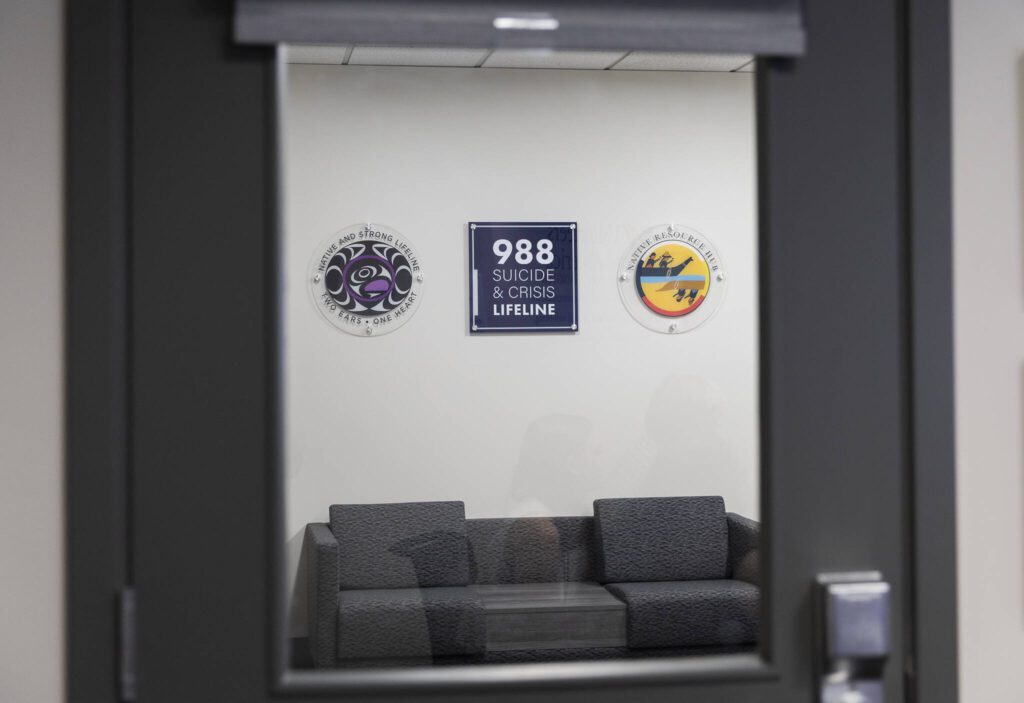 Inside the office of Volunteers of America Western Washington hotline center on Monday, June 30, 2025 in Everett, Washington. (Olivia Vanni / The Herald)
