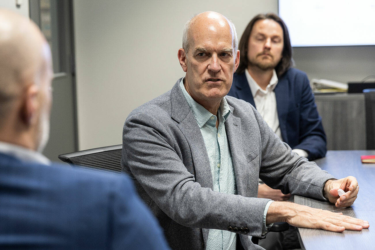 U.S. Rep. Rick Larsen talks with Volunteers of America leadership to discuss the consequences of the federal cuts on Monday, June 30, 2025 in Everett, Washington. (Olivia Vanni / The Herald)
