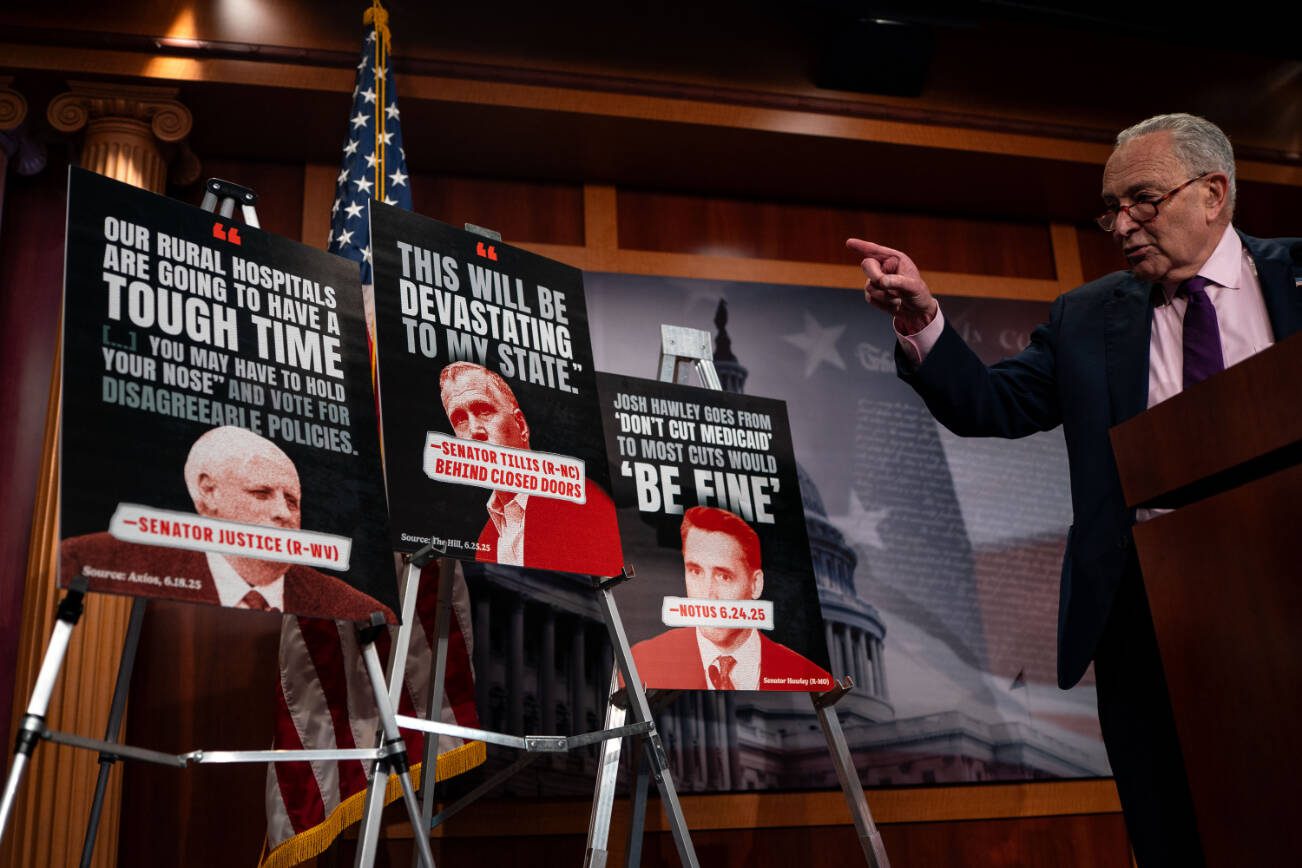 Senate Minority Leader Chuck Schumer (D-N.Y.) speaks during a news conference at the U.S. Capitol on Friday, June 27, 2025. The sweeping measure Senate Republican leaders hope to push through has many unpopular elements that they despise. But they face a political reckoning on taxes and the scorn of the president if they fail to pass it. (Kent Nishimura/The New York Times)