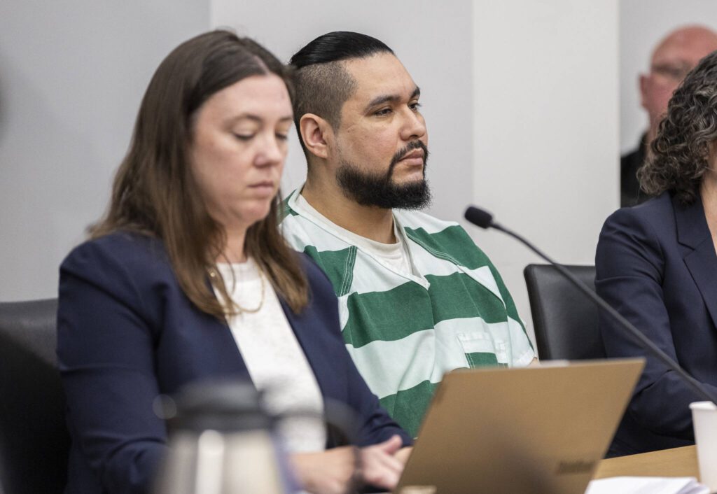 Raul Benitez Santana listens as Judge Karen D. Moore gives him the maximum sentencing during his hearing at the Snohomish County Courthouse on Wednesday, July 2, 2025 in Everett, Washington. (Olivia Vanni / The Herald)
