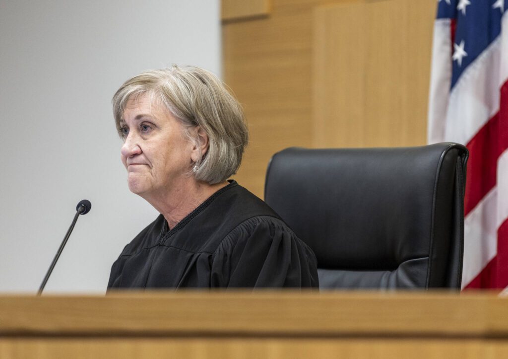 Judge Karen D. Moore addresses the court during the sentencing hearing for Raul Benitez Santana at the Snohomish County Courthouse on Wednesday, July 2, 2025 in Everett, Washington. (Olivia Vanni / The Herald)
