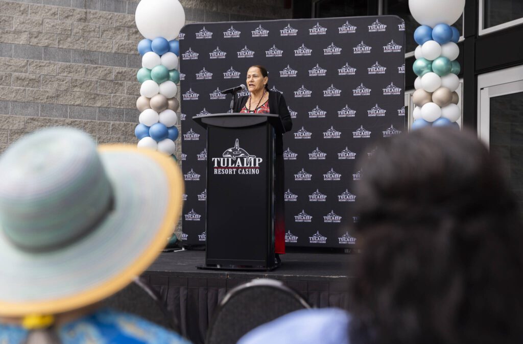 Tulalip Tribes’ Chair Terry Gobin speaks at the opening of the Tulalip Resort Casino expansion on Thursday, July 3, 2025 in Tulalip, Washington. (Olivia Vanni / The Herald)
