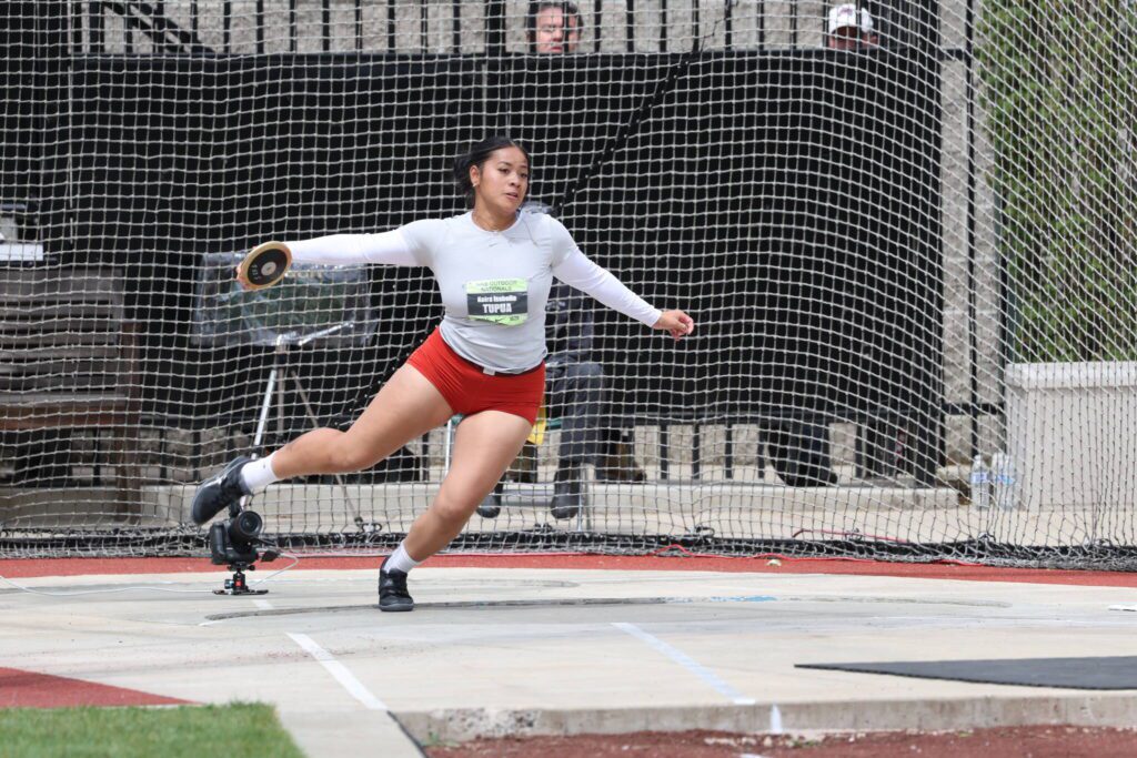Keira Isabella Tupua, a rising senior at Lake Stevens, places second in the girls discus Emerging Elite division at the Nike Outdoor National Track & Field Championships in Eugene, Oregon on June 20, 2025. (Photo courtesy Donna Beard)

