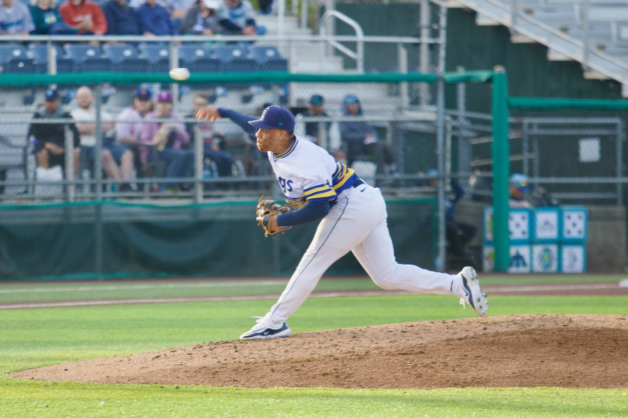AquaSox pitcher Jurrangelo Cijntje delivers a pitch during Everett's 3-0 loss to the Vancouver Canadians at Funko Field on July 5, 2025. (Joe Pohoryles / The Herald)