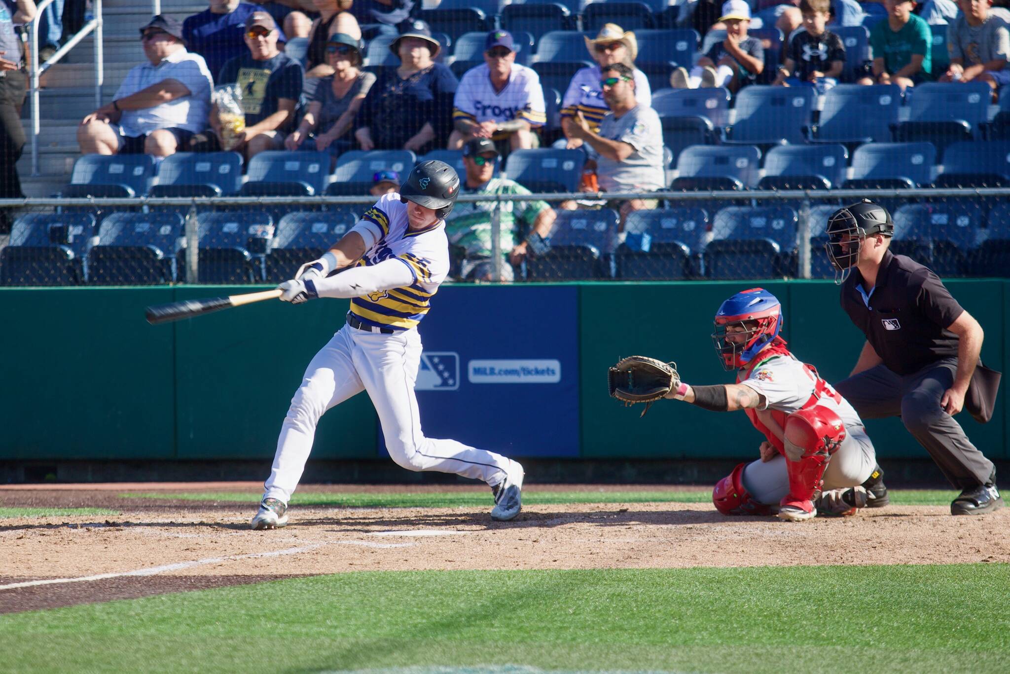 AquaSox outfielder Carson Jones takes a swing during Everett’s 4-3 loss to the Vancouver Canadians at Funko Field on July 6, 2025. (Joe Pohoryles / The Herald)