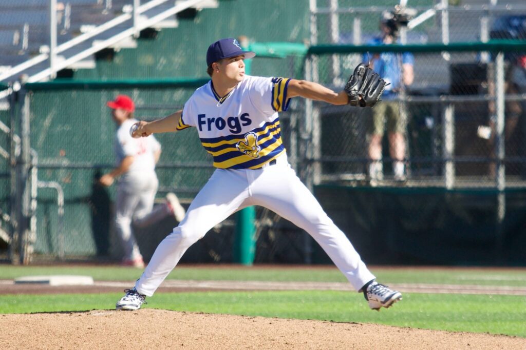 AquaSox pitcher Evan Truitt delivers a pitch in Everett’s 4-3 loss to the Vancouver Canadians at Funko Field on July 6, 2025. (Joe Pohoryles / The Herald)
