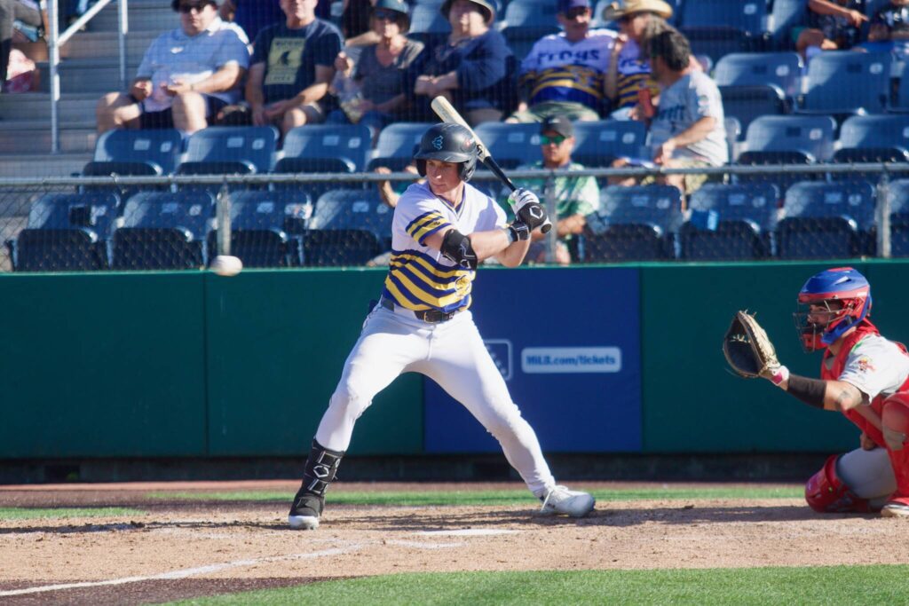 AquaSox infielder Colt Emerson watches a pitch go by for a ball during Everett’s 4-3 loss to the Vancouver Canadians at Funko Field on July 6, 2025. (Joe Pohoryles / The Herald)
