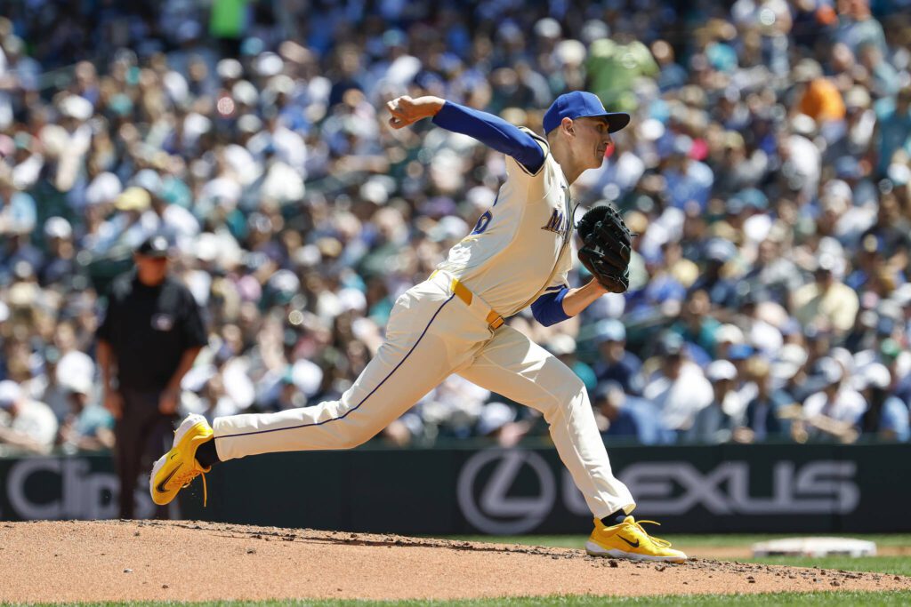 George Kirby (68) of the Seattle Mariners pitches in the third inning against the Pittsburgh Pirates at T-Mobile Park on Sunday, July 6, 2025, in Seattle. (Alika Jenne / Getty Images / Tribune News Services)
