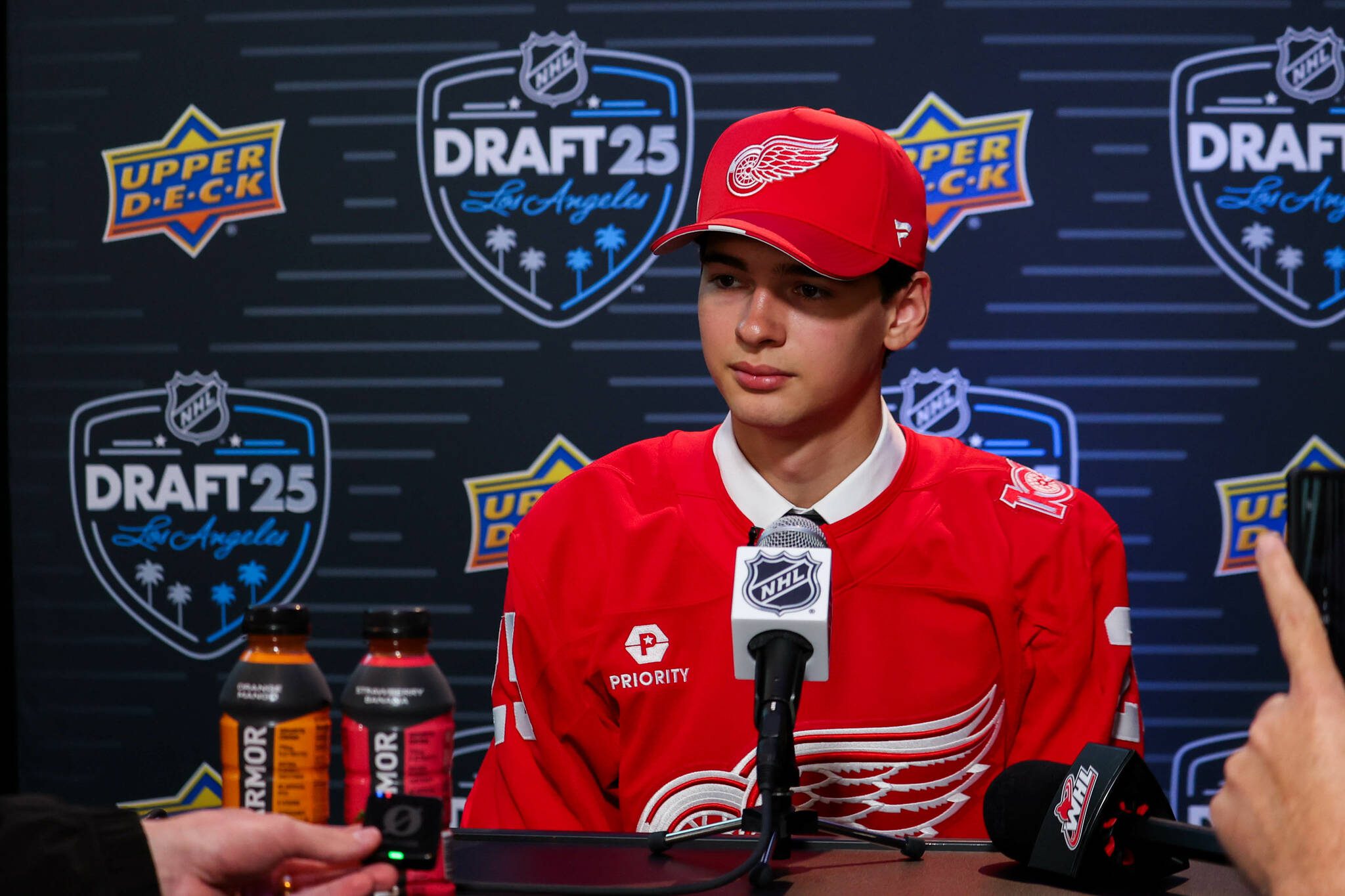 Silvertips forward Carter Bear fields questions after the Detroit Red Wings selected him 13th overall in the 2025 NHL Entry Draft in Los Angeles on June 27, 2025. (Photo courtesy Natalie Shaver / CHL)