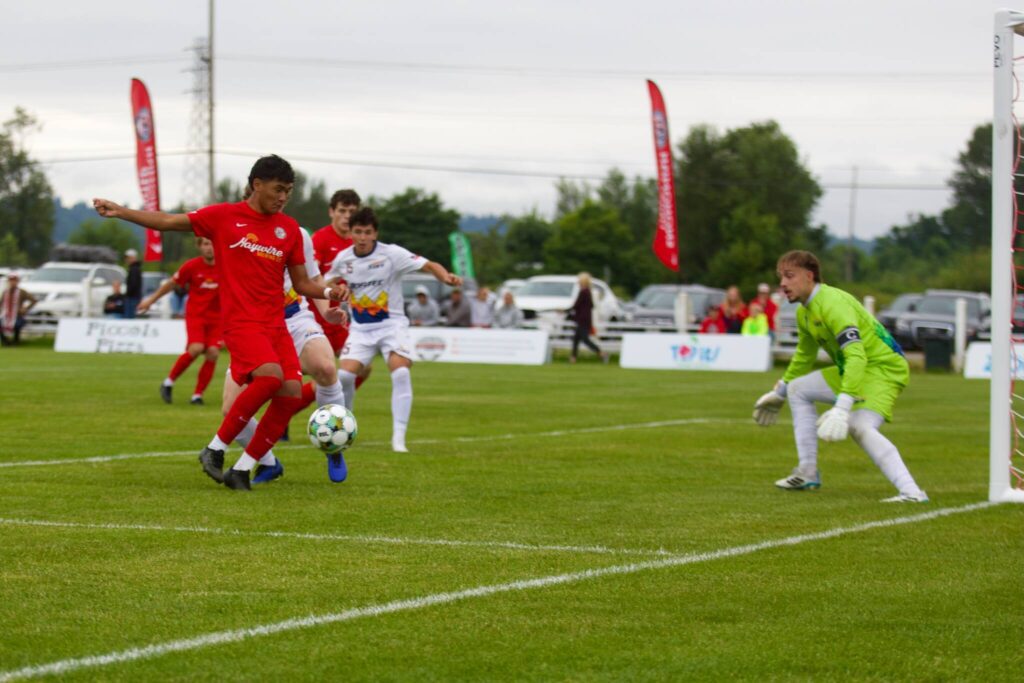 Forward Aaron Leon sets up for a shot on goal during Snohomish United’s 5-1 win against the Tacoma Stars at Stockers Fields on July 9, 2025 (Joe Pohoryles / The Herald)
