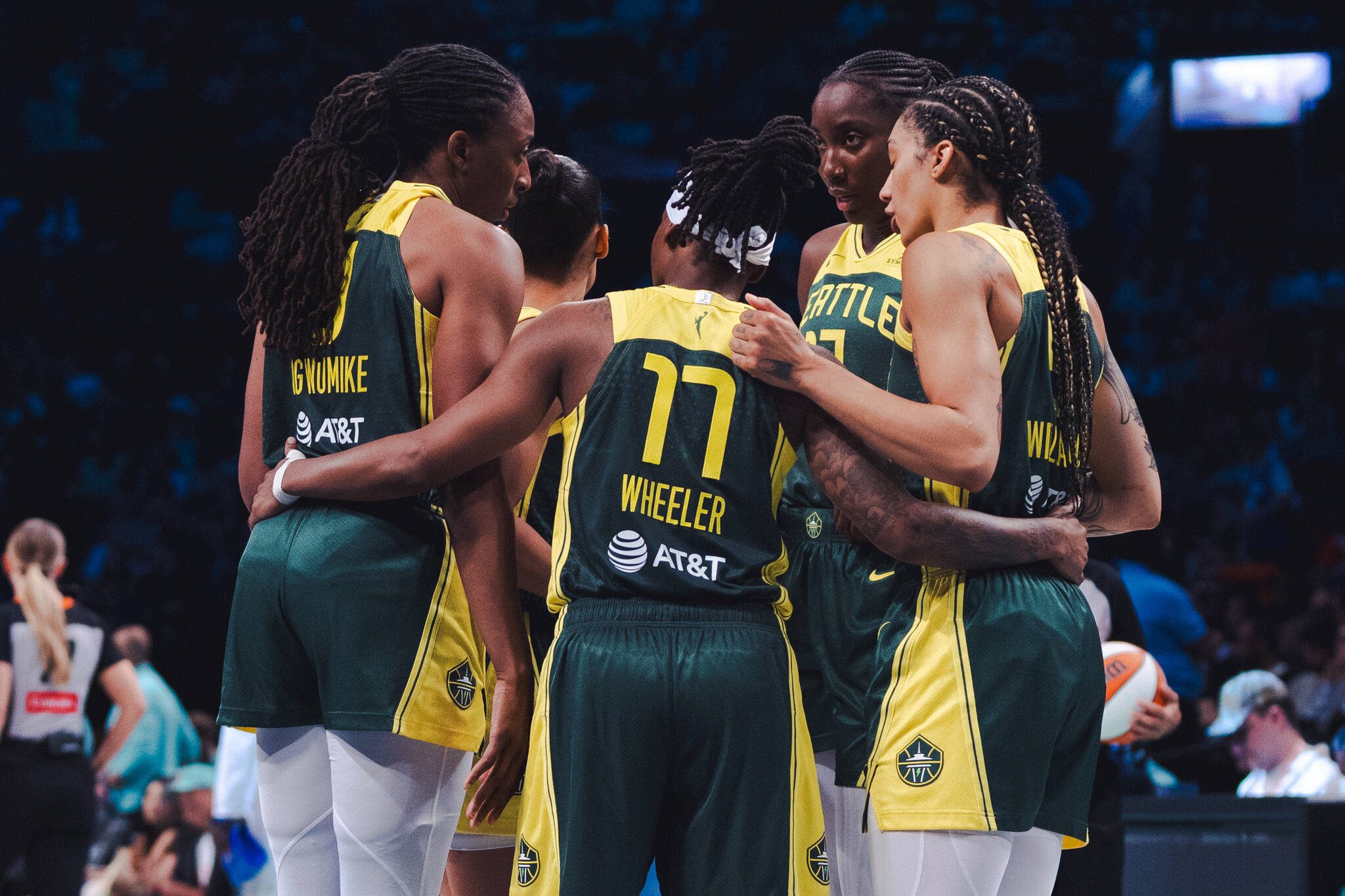 The Seattle Storm’s starters huddle during a game against the New York Liberty on July 6, 2025 at Barclays Center in Brooklyn, N.Y. (Courtesy of the Seattle Storm)