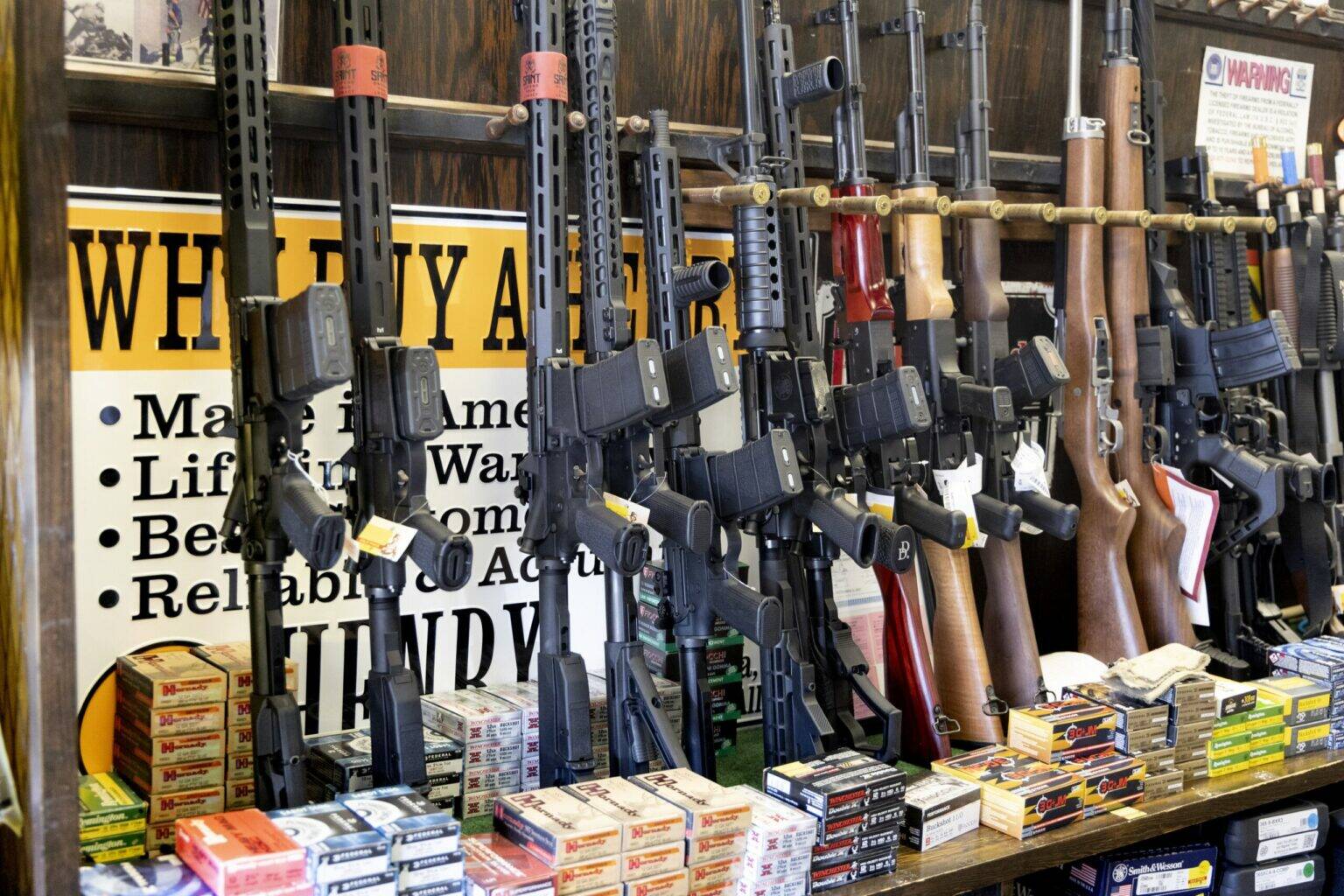 Guns for sale at Caso’s Gun-A-Rama in Jersey City, New Jersey, which has been open since 1967. (Photo by Aristide Economopoulos/New Jersey Monitor)