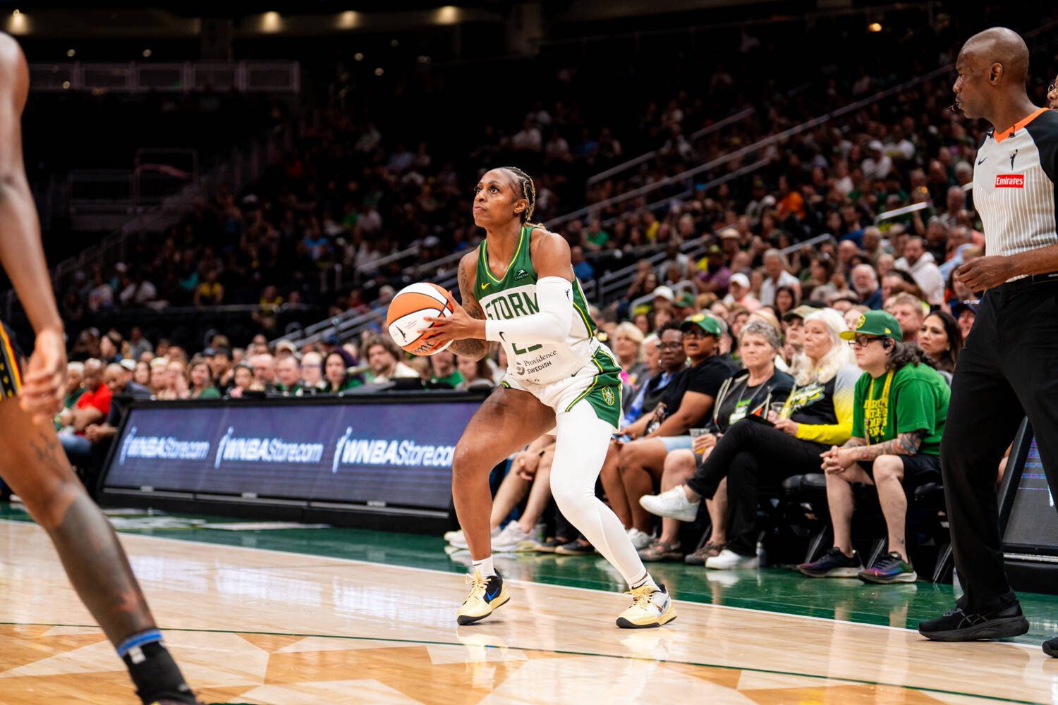 Tiffany Mitchell sets for a jumper during a July 11, 2025 game against the Connecticut Sun at Climate Pledge Arena in Seattle, Wash. (Photo courtesy of the Seattle Storm)