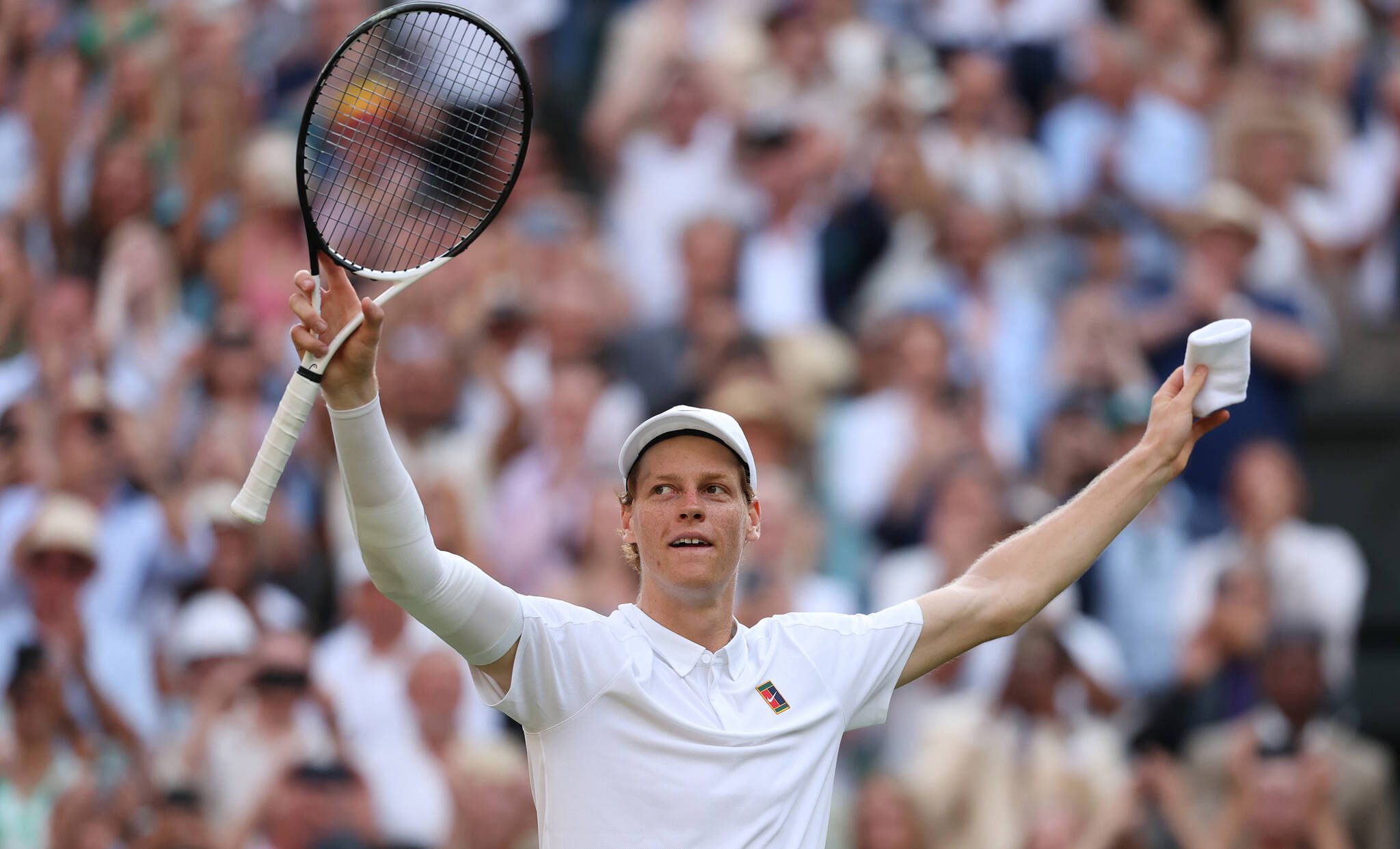 Jannik Sinner of Italy celebrates winning championship point against Carlos Alcaraz of Spain during the Gentlemen's Singles Final on day 14 of The Championships Wimbledon 2025 at All England Lawn Tennis and Croquet Club on Sunday, July 13, 2025, in London. (Julian Finney / Getty Images / Tribune News Services)