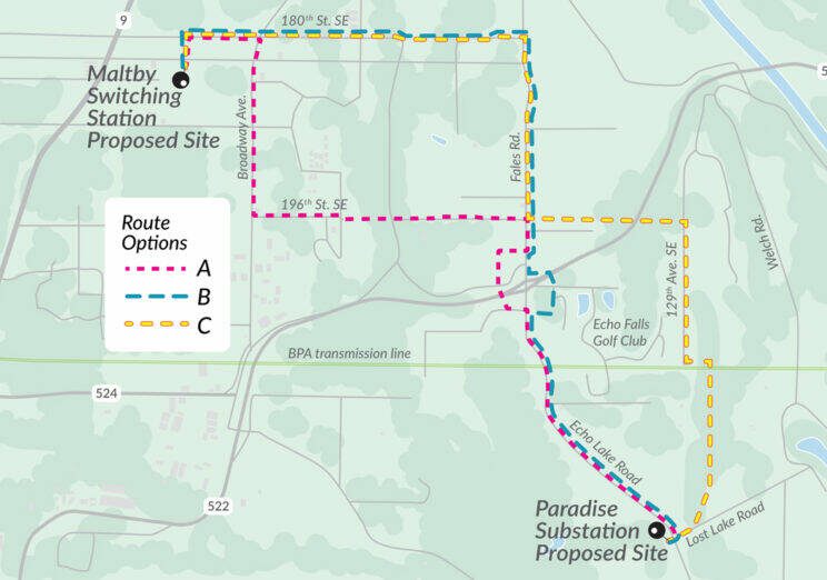 Image provided by Snohomish County PUD
The three potential routes for a new transmission line between Maltby and Paradise. Construction is set to begin in 2028.