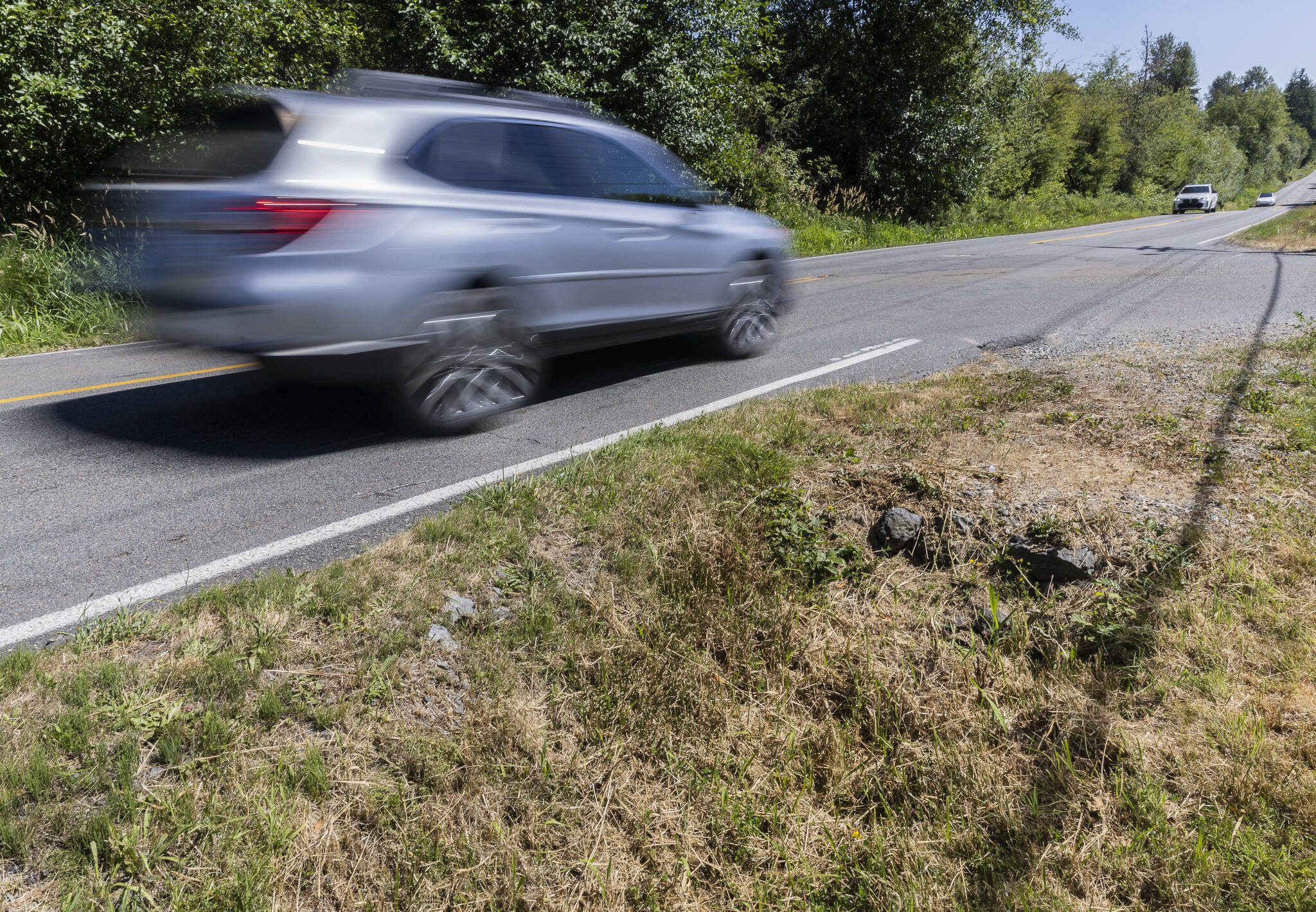 A car drives past a culvert blocked by grass along 123rd Avenue Northeast on Wednesday, July 16, 2025, in Lake Stevens, Washington. (Olivia Vanni / The Herald)
