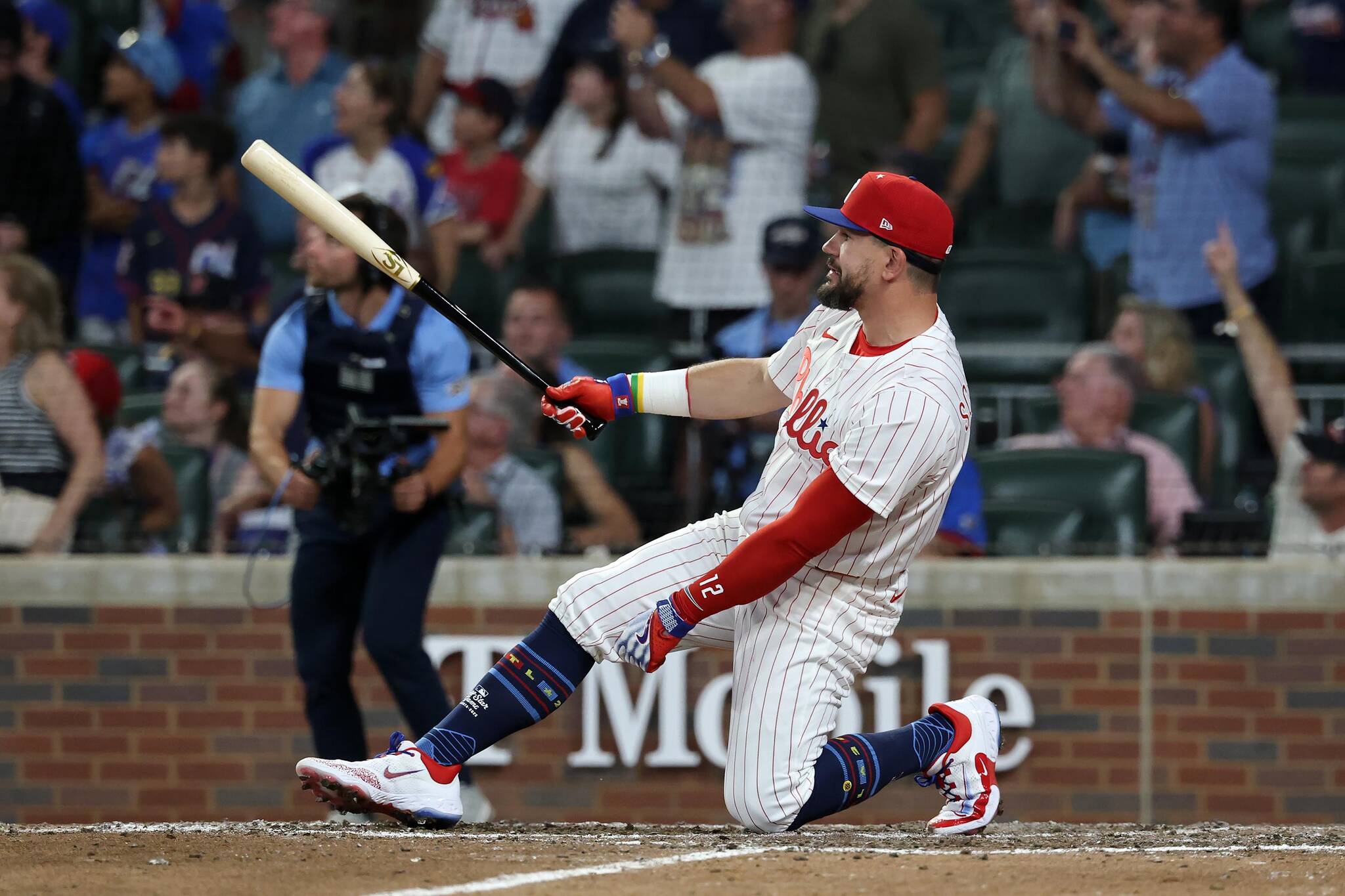 Kyle Schwarber (12) of the Philadelphia Phillies reacts after hitting three home runs in the swing-off to decide the MLB All-Star Game at Truist Park on Tuesday, July 15, 2025, in Atlanta. (Kevin C. Cox/Getty Images/TNS)