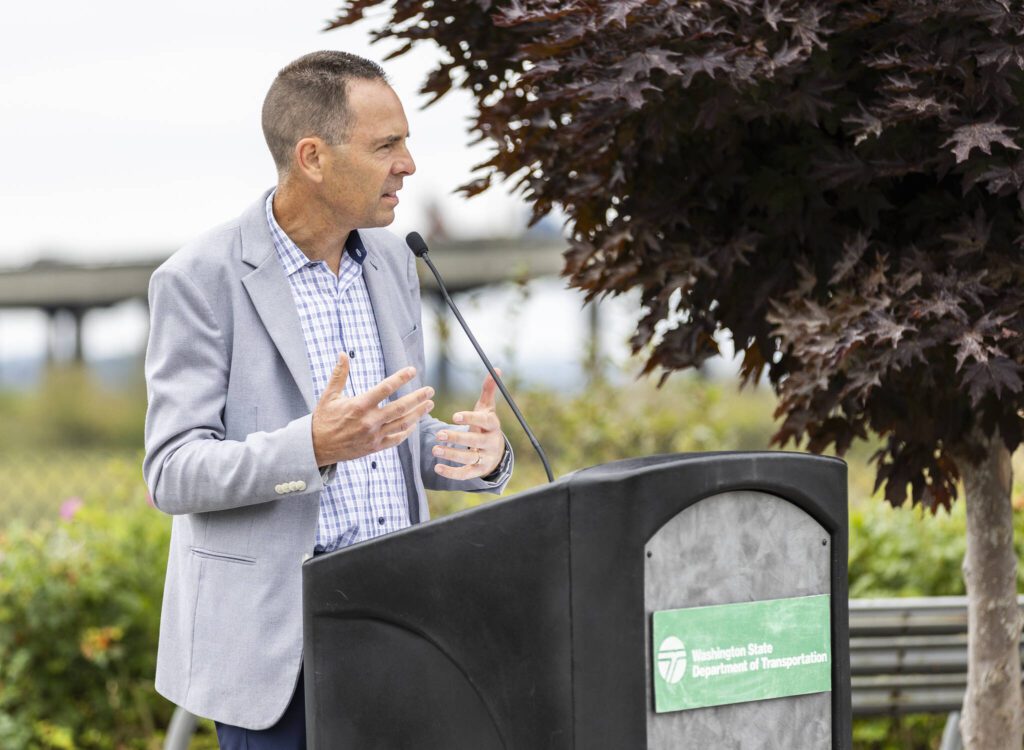 Marysville Mayor Jon Nehring speaks at a ribbon cutting for the new I-5/SR529 interchange on Tuesday, July 22, 2025 in Marysville, Washington. (Olivia Vanni / The Herald)
