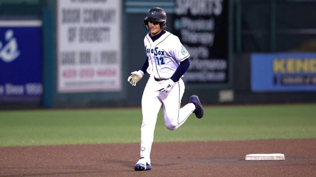 Charlie Pagliarini of the Everett AquaSox rounds the bases after hitting a grand slam home run for a walkoff win of a game at Funko Field in Everett on Friday, July 18, 2025. (Photo courtesy of Evan Morud / Everett AquaSox)
