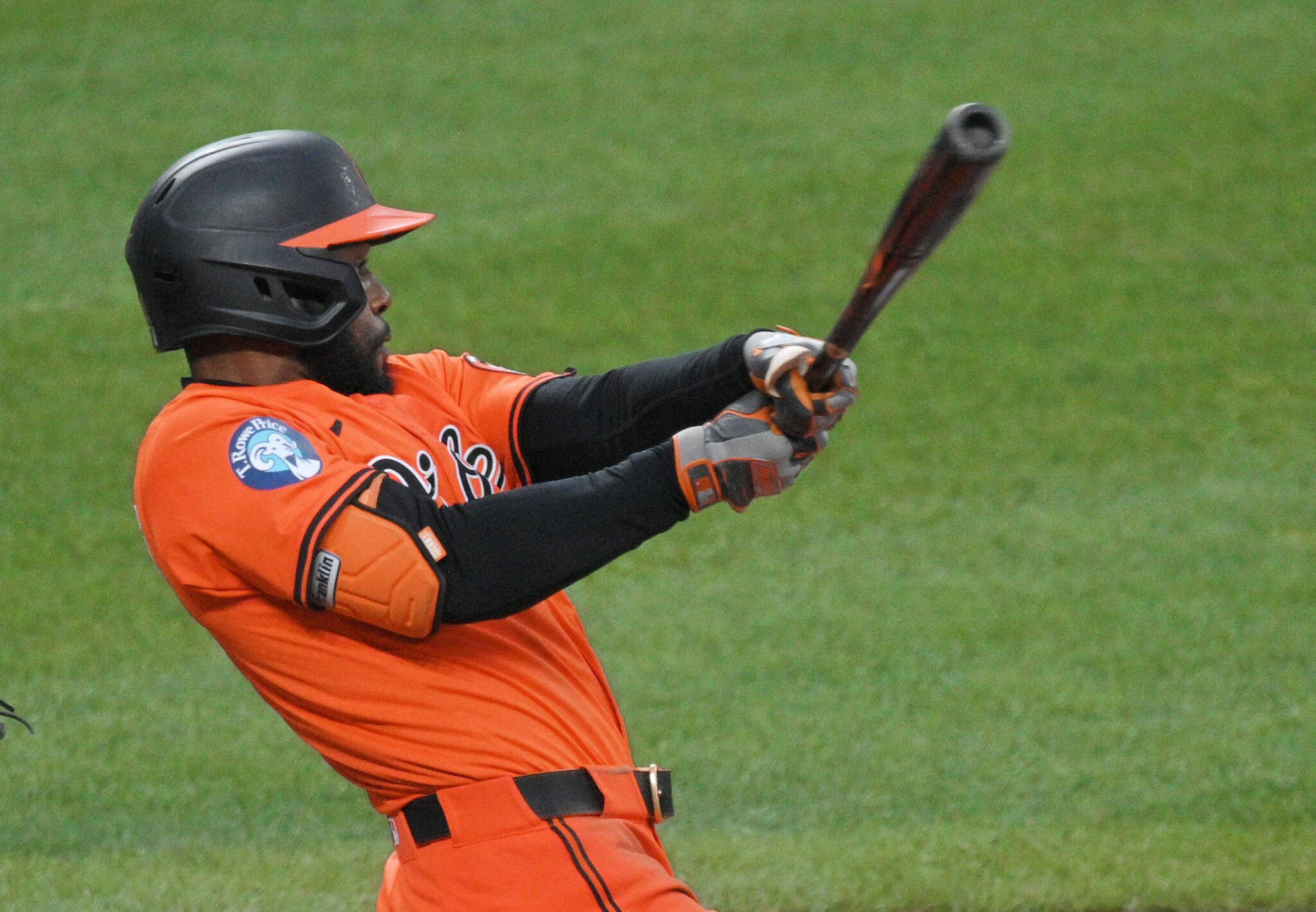 Orioles Cedric Mullins follows through on his two-run double against the Blue Jays in the sixth inning. The Orioles defeated the Blue Jays 5-4 on April 12, 2025 at Oriole Park at Camden Yards. (Kenneth K. Lam / The Baltimore Sun / Tribune News Services)