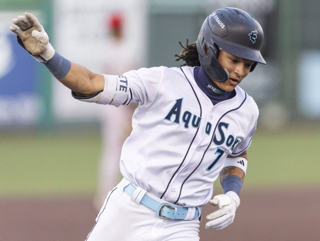 Everett AquaSox outfielder Tai Peete celebrates after hitting a home run during the game against the Spokane Indians on Tuesday, July 22, 2025 in Everett, Washington. (Olivia Vanni / The Herald)
