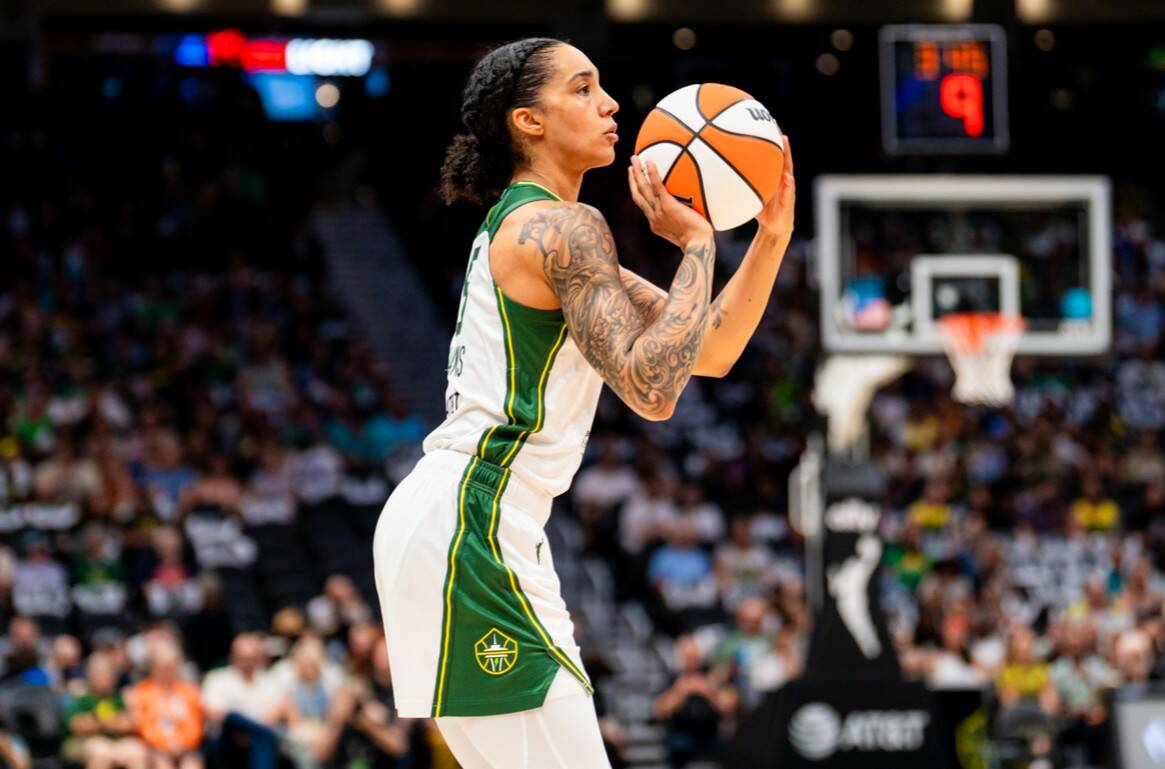 Gabby Williams takes a shot during a game against the Connecticut Sun on July 11, 2025 at Climate Pledge Arena. (Courtesy of Seattle Storm)