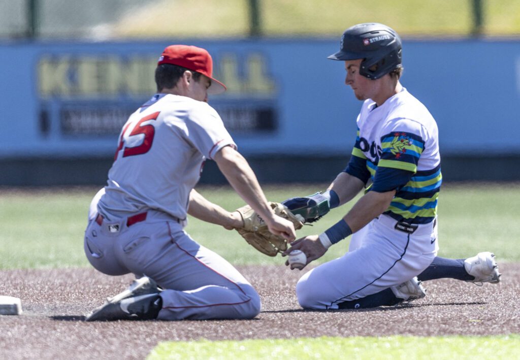 Everett AquaSox infielder Colt Emerson slides into second base during the game against the Spokane Indians on Thursday, July 24, 2025 in Everett, Washington. (Olivia Vanni / The Herald)
