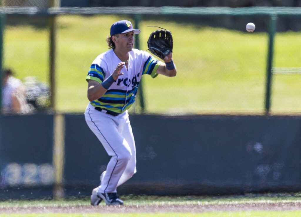 Everett AquaSox infielder Carter Dorighi makes a catch during the game against the Spokane Indians on Thursday, July 24, 2025 in Everett, Washington. (Olivia Vanni / The Herald)
