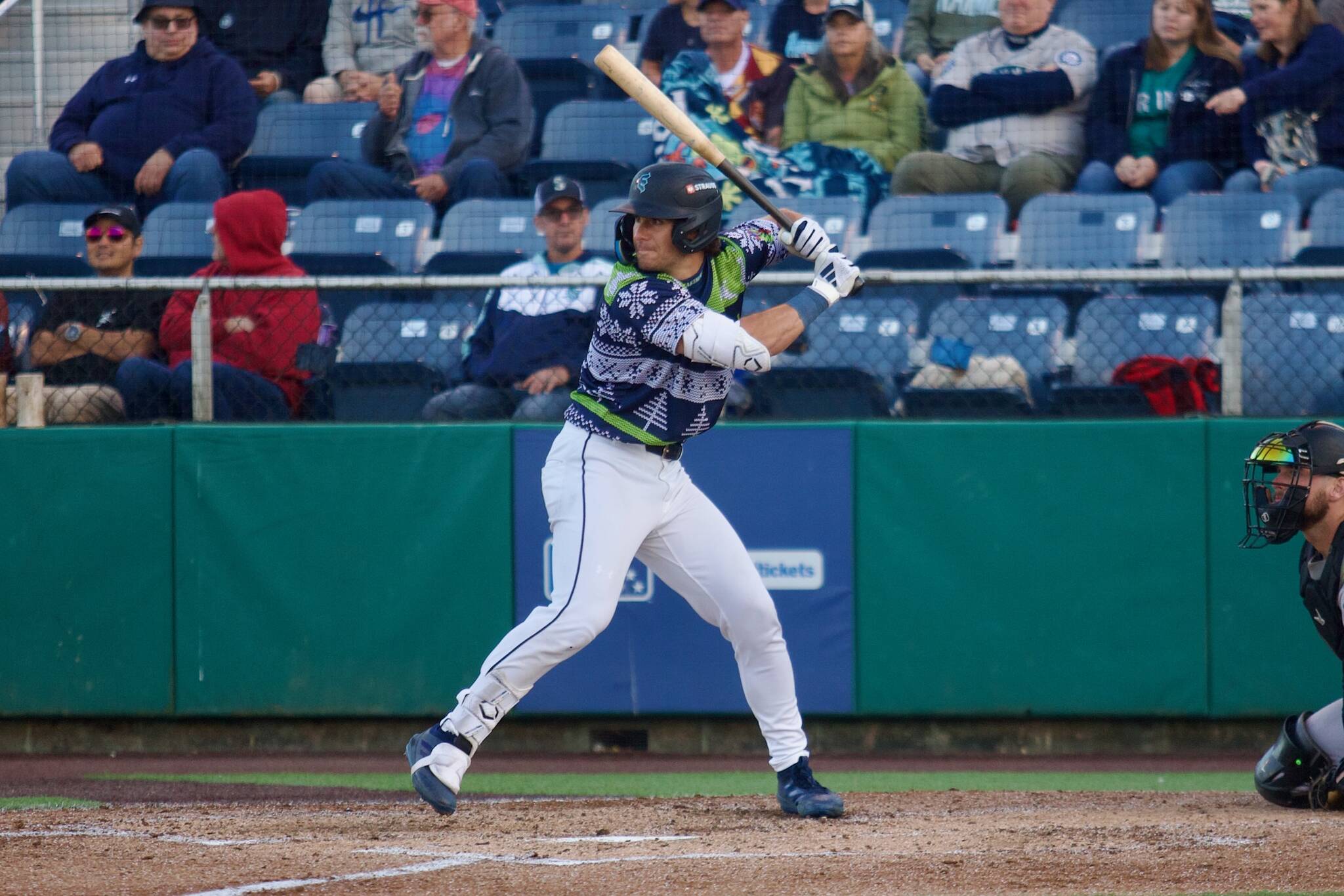 AquaSox infielder Charlie Pagliarini prepares to swing during Everett’s 7-1 win against the Spokane Indians at Funko Field on July 25, 2025. (Joe Pohoryles / The Herald)