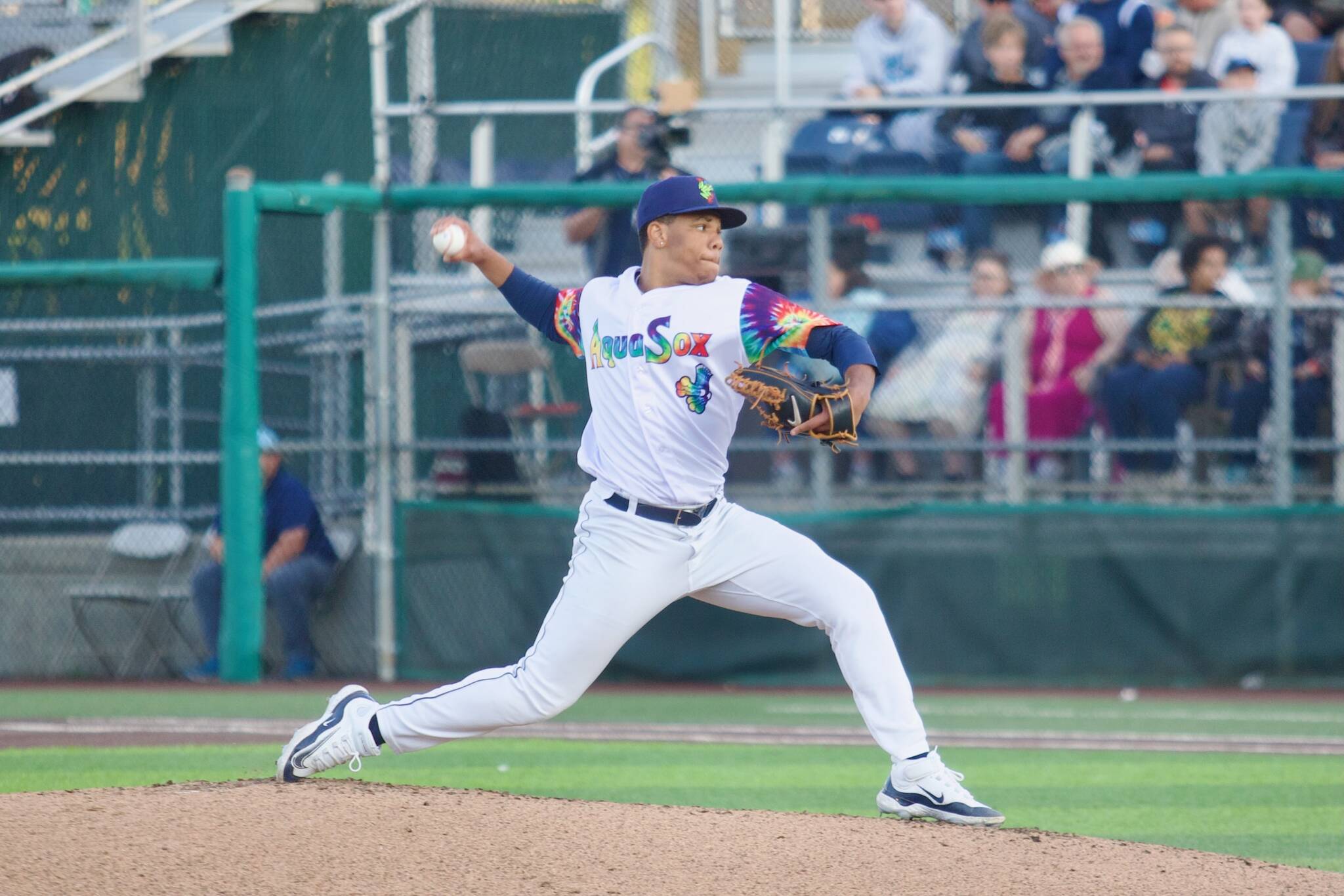 AquaSox pitcher Jurrangelo Cijntje delivers a pitch during Everetts 3-2 win against the Spokane Indians at Funko Field on July 26, 2025. (Joe Pohoryles / The Herald)
