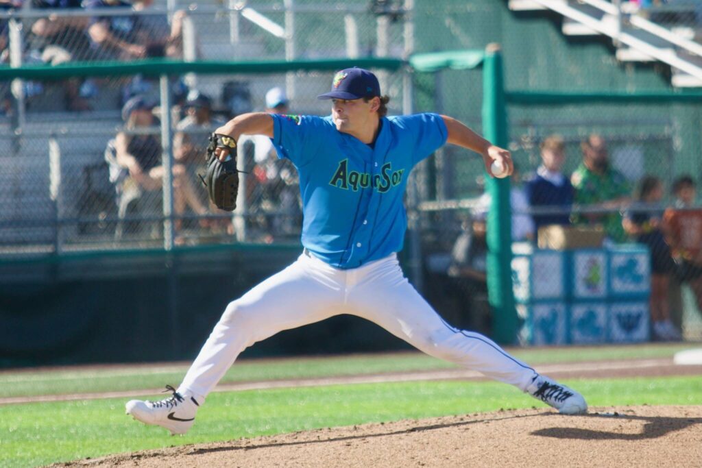 AquaSox pitcher Nico Tellache delivers a pitch during Everett’s 7-4 loss to the Spokane Indians at Funko Field on July 27, 2025. (Joe Pohoryles / The Herald)

