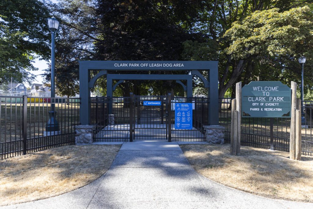 The main entrance to the new Clark Park Off Leash Dog Area on Tuesday, July 29, 2025 in Everett, Washington. (Olivia Vanni / The Herald)

