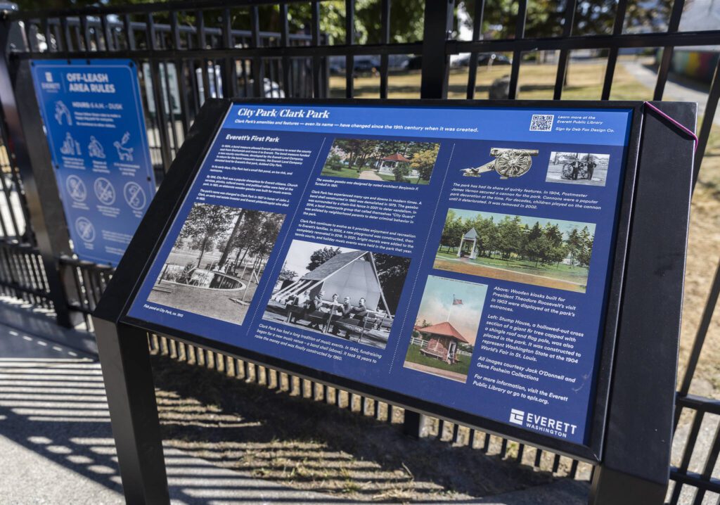 An informational display on Clark Park outside of the new Clark Park Off Leash Dog Area on Tuesday, July 29, 2025 in Everett, Washington. (Olivia Vanni / The Herald)
