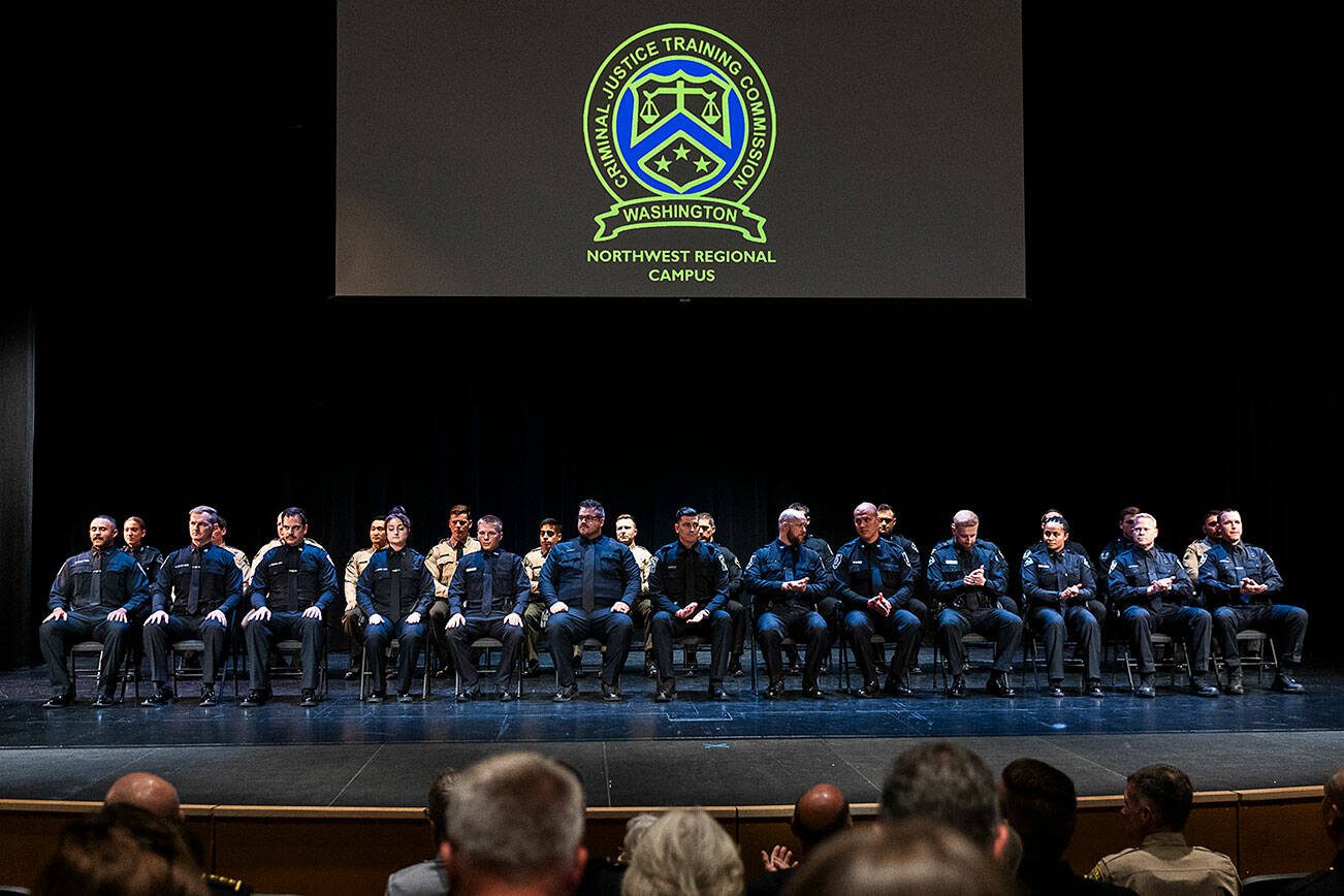 The Washington State Criminal Justice Training Commission (WSCJTC) graduation of Basic Law Enforcement Academy (BLEA) Class 915 on Tuesday, July 29, 2025 in Arlington, Washington. This is the first class to complete training at the agency’s new Northwest Regional Campus in Arlington. (Olivia Vanni / The Herald)