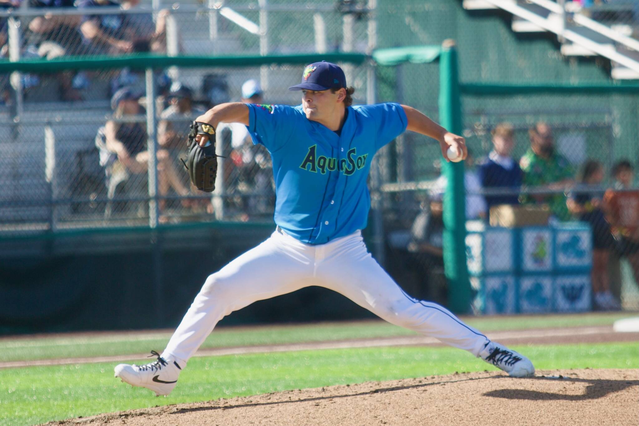 AquaSox pitcher Nico Tellache delivers a pitch during Everett's 7-4 loss to the Spokane Indians at Funko Field on July 27, 2025, where he tossed five scoreless innings and a career-high eight strikeouts. (Joe Pohoryles / The Herald)