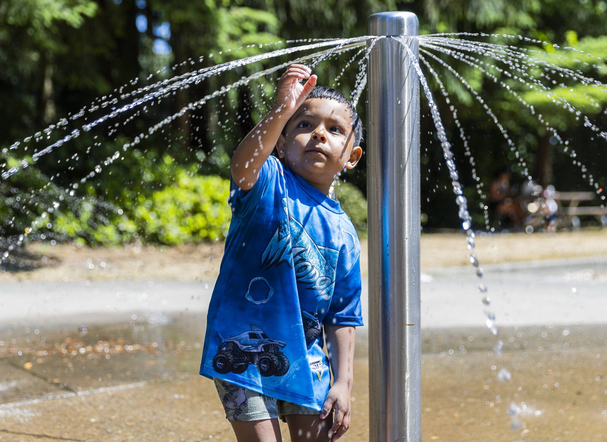 Elias Espinoza, 4, tries to catch a stream of water while playing in the spray park at Daleway Park in 72 degrees at noon on Monday, June 9, 2025 in Lynnwood, Washington. (Olivia Vanni / The Herald)